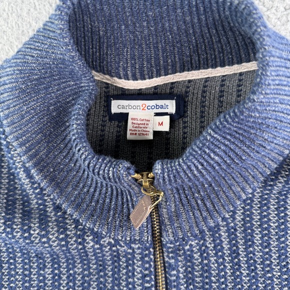 Carbon 2 Cobalt Sweater Mens Med Blue Full Zip Ribbed Knit Mock Neck Cardigan - Picture 3 of 8